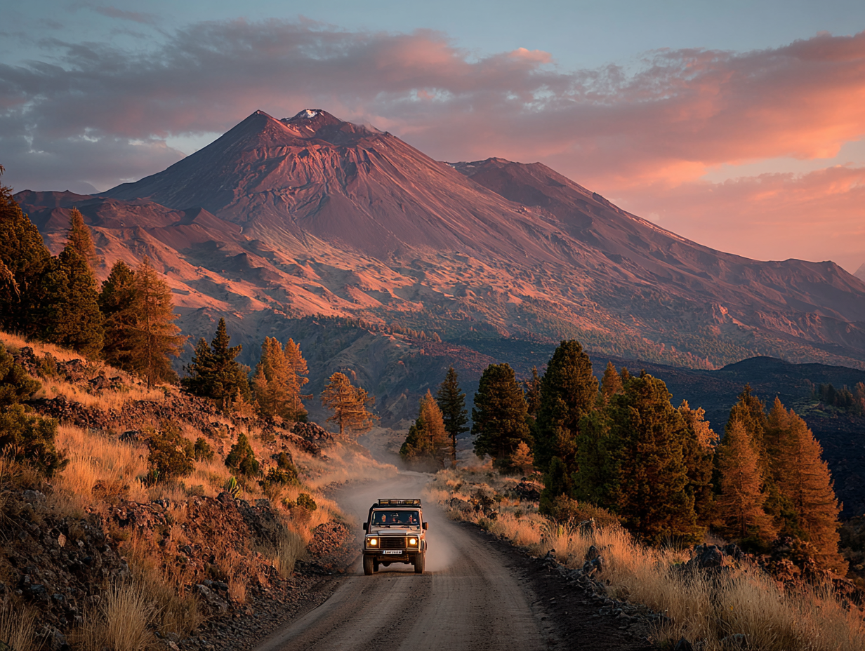 4x4 Off-road vehicle on a dirt road with a mountain in the background during sunset at mount Etna Sicily. by Qunafa travel